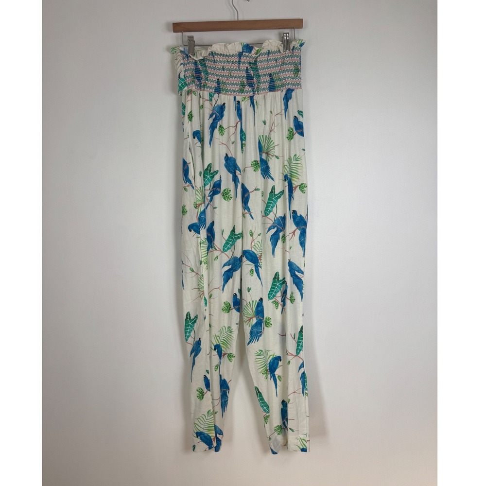 Tropical Farm Rio Womens S Strapless Jumpsuit White Blue Macaw Linen Blend Tie - Picture 3 of 13